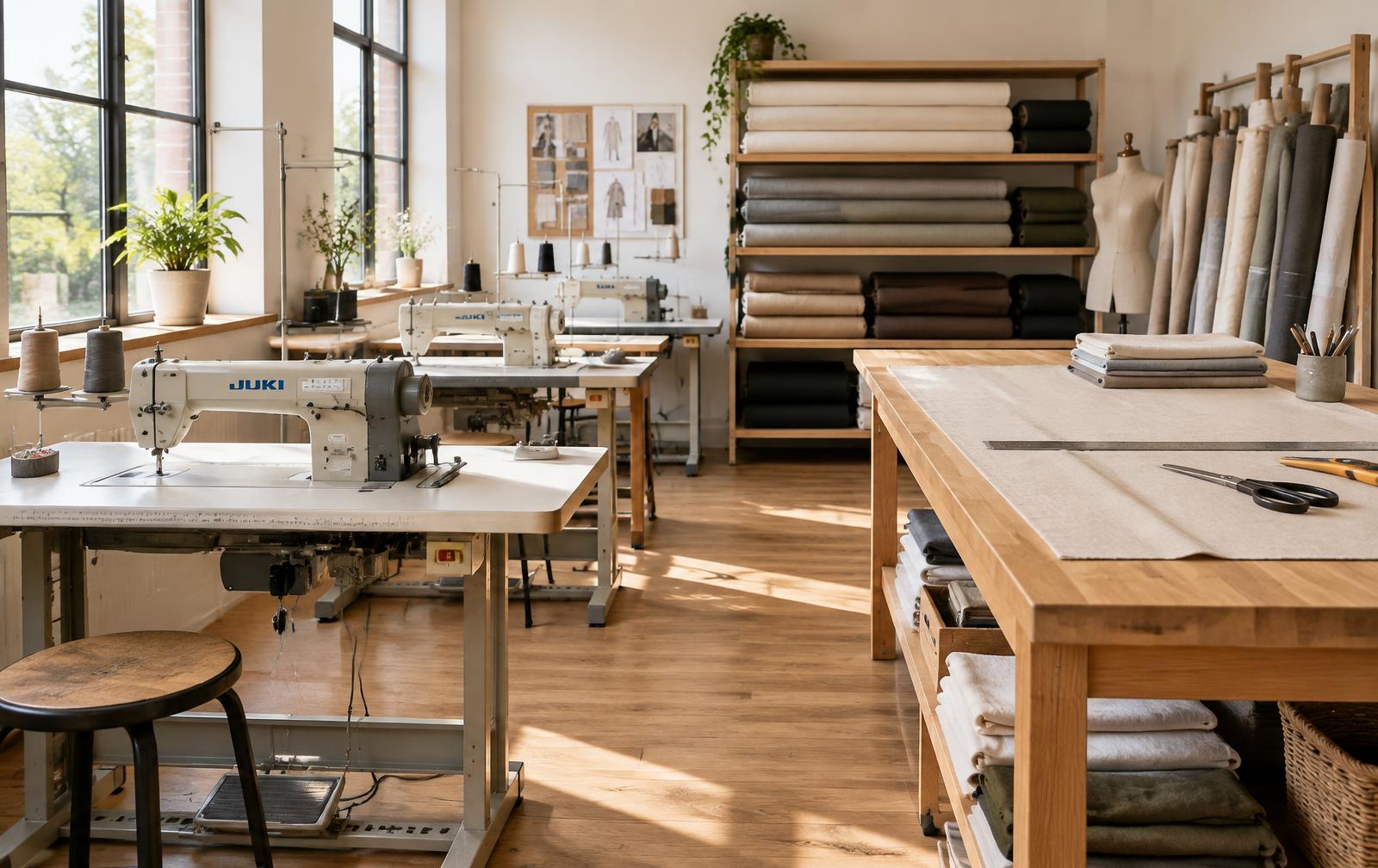 Sewing machines, fabric rolls and a cutting table in the Luminexis Labs workshop